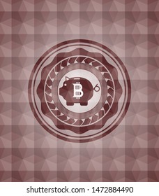 bitcoin piggy bank icon inside red geometric emblem. Seamless.