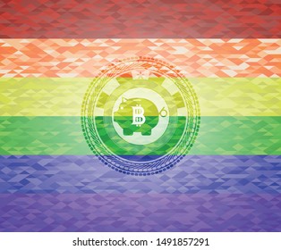 bitcoin piggy bank icon inside emblem on mosaic background with the colors of the LGBT flag