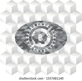 bitcoin piggy bank icon inside grey icon or emblem with geometric cube white background