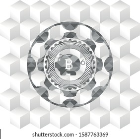 bitcoin piggy bank icon inside retro style grey emblem with geometric cube white background