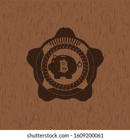 bitcoin piggy bank icon inside wooden emblem. Retro