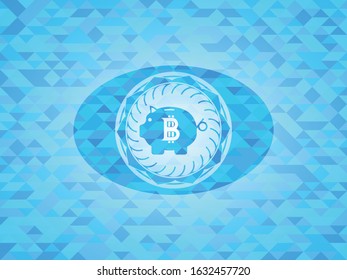 bitcoin piggy bank icon inside sky blue mosaic emblem