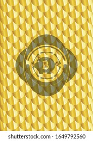 bitcoin piggy bank icon inside golden emblem or badge. Scales pattern. Vector Illustration. Detailed.