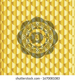 bitcoin piggy bank icon inside gold shiny badge. Scales pattern. Vector Illustration. Detailed.