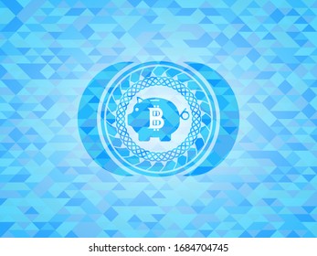 bitcoin piggy bank icon inside light blue emblem with triangle mosaic background