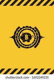 bitcoin piggy bank icon inside warning sign, black grunge emblem. Vector Illustration. Detailed.