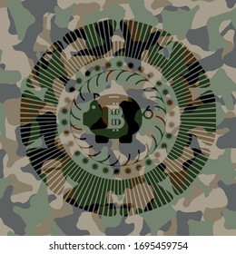 bitcoin piggy bank icon inside camo emblem