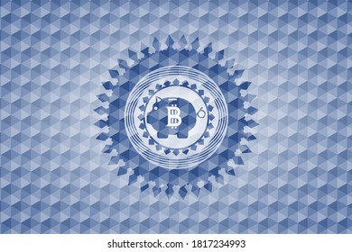 bitcoin piggy bank icon inside blue badge with geometric pattern. 