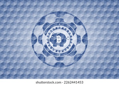 bitcoin piggy bank icon inside blue emblem or badge with geometric pattern background. 