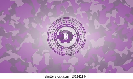 bitcoin piggy bank icon on pink camouflage pattern