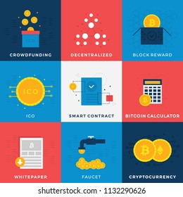 Bitcoin Pipe Icon, Decentralized Blockchain, Bitcoin Calculator, Block Reward. Gold Coin Falling in Box, Bitcoin and Ethereum, White Paper Approved, IT Startup Crowdfunding, Ethereum Smart Contract