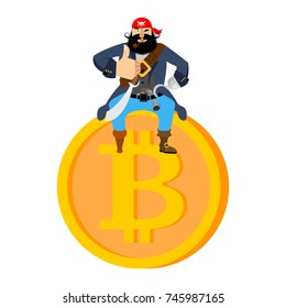 Bitcoin and pirate. filibuster on web coin. illegal extraction of virtual money. illicit circulation of crypto currency. Vector illustration