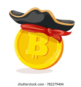 Bitcoin in pirate hat. Cartoon digital currency. Gold cryptocurrency. Money and finance symbol. Miner bit coin criptocurrency. Vector illustration
