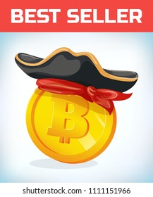 Bitcoin in pirate hat. Bitcoin. Digital currency. Crypto currency. Money and finance symbol. Miner bit coin criptocurrency. Virtual money concept. Cartoon Vector illustration.