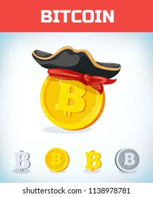 Bitcoin in pirate hat. Bitcoin. Digital currency. Crypto currency. Money and finance symbol. Miner bit coin criptocurrency. Virtual money concept. Cartoon Vector illustration.