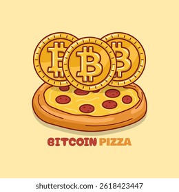 Dia da Pizza Bitcoin para comemorar em 22 de maio. Três moedas de ouro em cima de uma deliciosa pizza.
