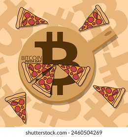 Bitcoin Pizza Day event banner. One pan with bitcoin symbol and pizza slices on light brown background May 22nd.