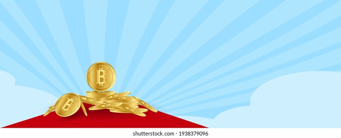 El bitcoin se coloca sobre la alfombra roja sobre el fondo del cielo y las nubes.