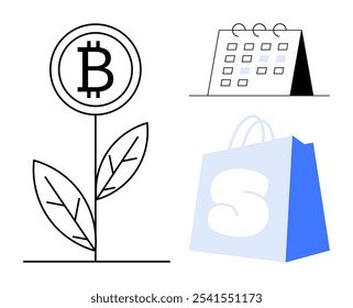Bitcoin plant, calendar, and shopping bag outlined against a white background. Ideal for digital currency, financial planning, investment growth, e-commerce, and modern technology. Style