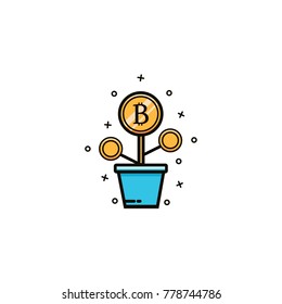 Bitcoin plant into the pot - original flat color line icon. Bit coin money tree vector illustration. Cryptocurrency income concept. Crypto currency growing sign, symbol, emblem, element, template.