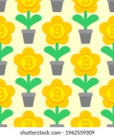 Bitcoin plant in pot pattern seamless. Cryptocurrency flower background.