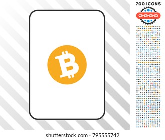 Bitcoin playing card icon with 7 hundred bonus bitcoin mining and blockchain design elements. Flat vector style for gambling and crypto-currency apps.