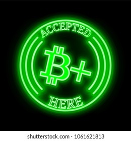 Bitcoin Plus (XBC) green  neon cryptocurrency symbol in round frame with text "Accepted here". Vector illustration isolated on black background
