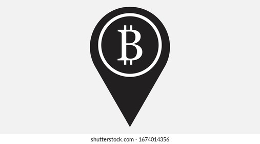 Bitcoin pointer icon. Bitcoin with location icon. Bitcoin map marker. Bitcoin exchange map marker filled vector icon