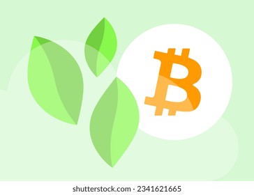 Bitcoin Pollution - Energy Usage and Environmental Impact. Bitcoin mining carbon footprint harm to nature. Green Leaves Symbolize Climate Change Fight and Eco-Conscious Choices for Sustainable Future