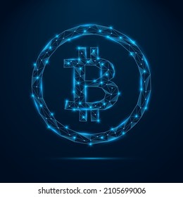 Bitcoin with polygonal blue glowing shapes. Crypto currency shinning coin. Business concept with lighting dots. Vector illustration on dark blue background. 