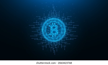 Bitcoin polygonal vector illustration on a blue background. Cryptocurrency low poly design