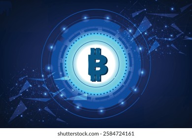 Bitcoin polygonal vector illustration on a blue background. Cryptocurrency low poly design