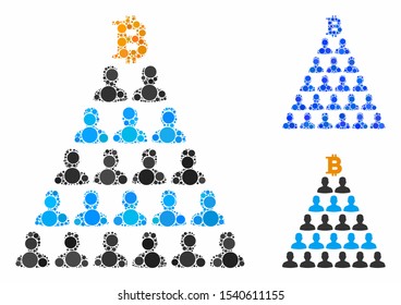 Bitcoin Ponzi pyramid composition of circle elements in various sizes and shades, based on Bitcoin Ponzi pyramid icon. Vector circle elements are united into blue illustration.