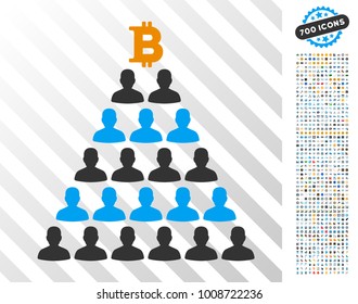 Bitcoin Ponzi Pyramid icon with 700 bonus bitcoin mining and blockchain design elements. Vector illustration style is flat iconic symbols designed for blockchain software.