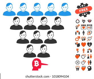Bitcoin Ponzi Pyramid Manager icon with bonus marriage icon set. Vector illustration style is flat iconic symbols.