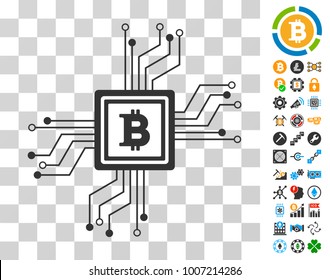 Bitcoin Pool Circuit icon with bonus bitcoin mining and blockchain pictures. Vector illustration style is flat iconic symbols. Designed for crypto currency websites.