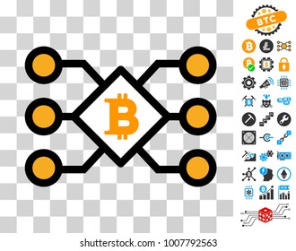 Bitcoin Pool Nodes pictograph with bonus bitcoin mining and blockchain pictures. Vector illustration style is flat iconic symbols. Designed for cryptocurrency software.