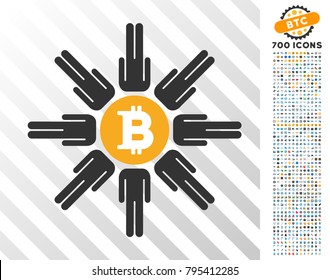 Bitcoin Pool Users icon with 700 bonus bitcoin mining and blockchain pictograms. Vector illustration style is flat iconic symbols design for cryptocurrency apps.