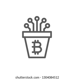 Bitcoin pot with closed contacts, blockchain, cryptocurrency line icon.