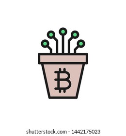 Bitcoin pot with closed contacts, blockchain, cryptocurrency flat color icon.