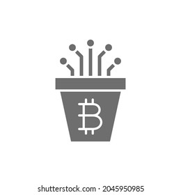 Bitcoin-Topf mit geschlossenen Kontakten, Blockchain, kryptowährungsgrauem Symbol.