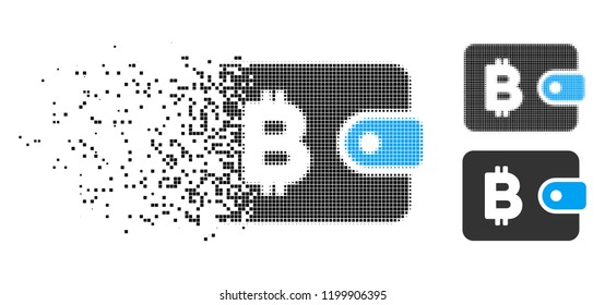 Bitcoin pouch icon in disappearing, dotted halftone and undamaged solid variants. Points are composed into vector dissipated Bitcoin pouch icon. Disappearing effect uses square points.