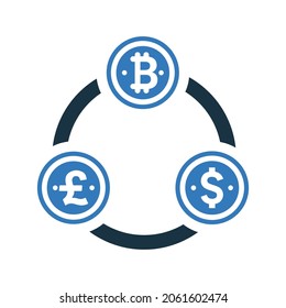 Bitcoin, pound, dollar, exchange icon. Simple editable vector design isolated on a white background.