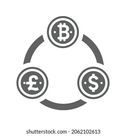 Bitcoin, Pfund, Dollar, Wechselsymbol. Graue Vektorgrafiken.