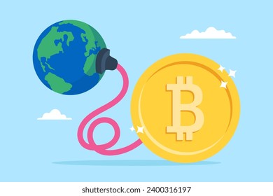 Bitcoin power plug absorbing energy from earth in flat design