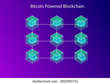 Bitcoin powered blockchain concept. 3d isometric vector illustration of connected blocks and crypto currency.