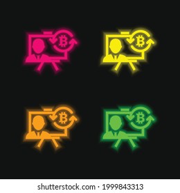 Bitcoin Presentation With Circular Arrows Symbol four color glowing neon vector icon