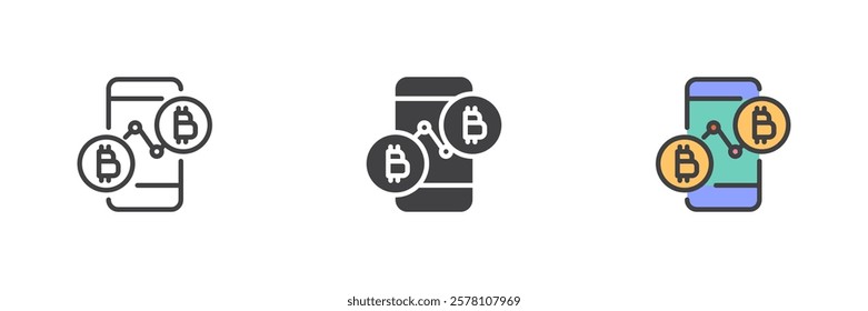 Bitcoin price chart different style icon set. Line, glyph and filled outline colorful version, outline and filled vector sign. Mobile cryptocurrency exchange symbol, logo illustration. Vector graphics