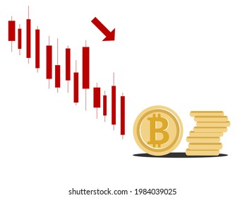 Desplome del precio de bitcoin, caída del precio de la volatilidad de la moneda cripto, caída del candelabro rojo, gráfico, venta. Inversor y empresario, enorme pérdida, concepto de recesión. Ilustración vectorial. Fondo aislado.