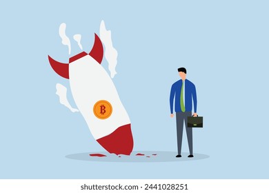 Bitcoin price collapse, sad bankrupt businessman falling into a rocket with bitcoin symbol.